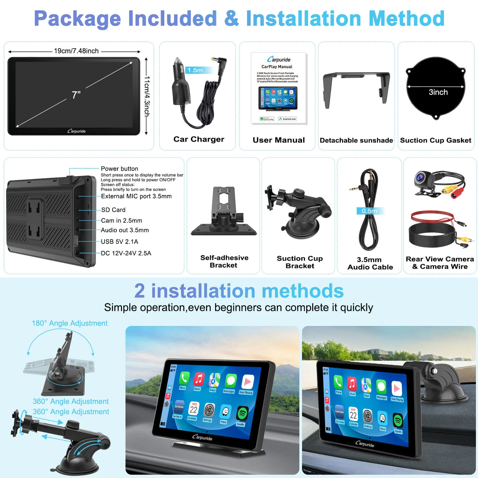 CARPURIDE C3 Portable Smart Multimedia Dashboard Console with Detachable Sunshade - Image 9